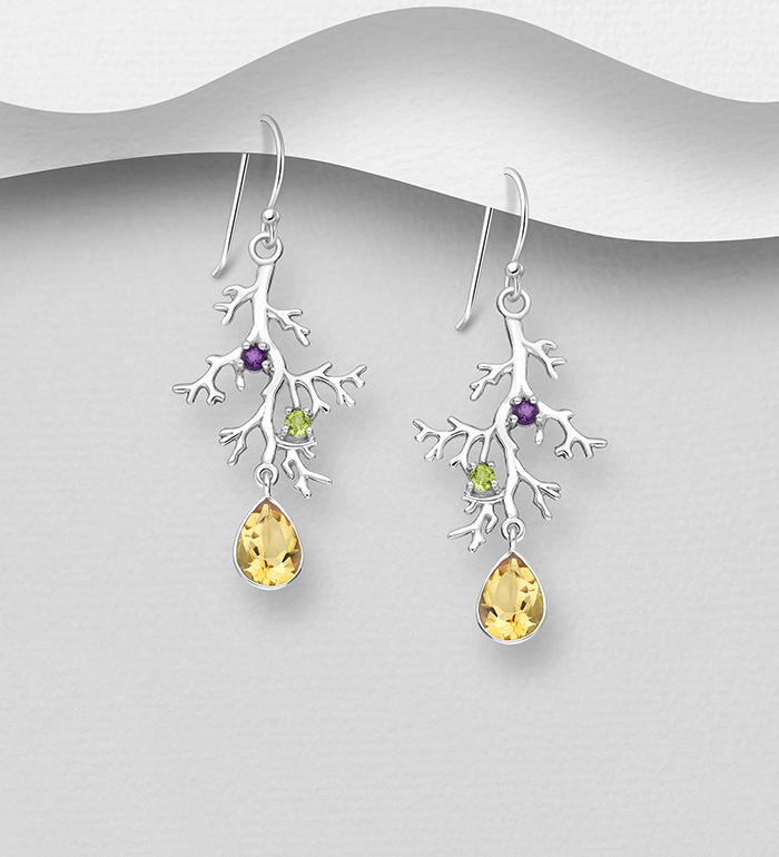 Wholesale 925 Sterling Silver Branch Hook Earrings, Decorated with Various Gemstones - SKU #883-9891