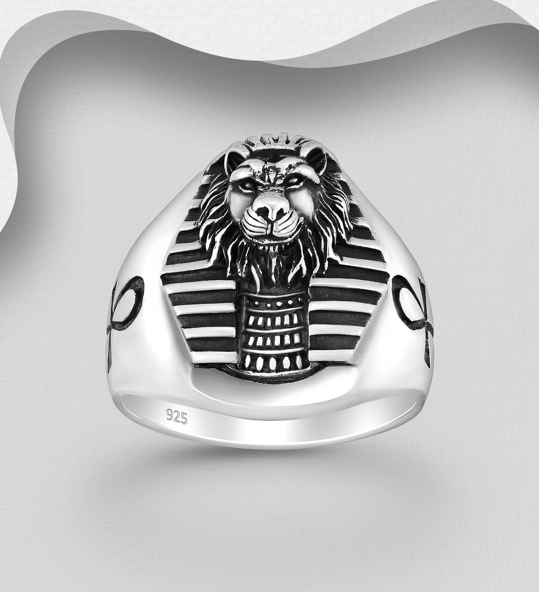 Wholesale 925 Sterling Silver Oxidized Egyptian Lion Pharaoh and Cross Ring - SKU #1563-1641