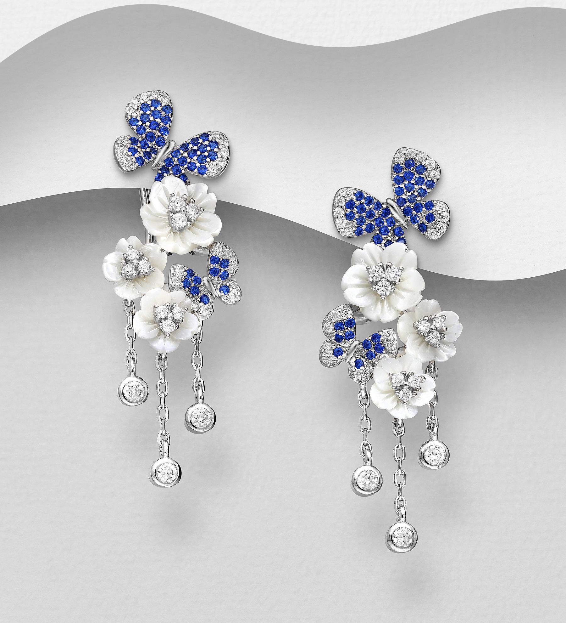 Wholesale 925 Sterling Silver Butterfly and Flower Omega Lock Earrings, Decorated with Shell and CZ Simulated Diamonds - SKU #789-4831