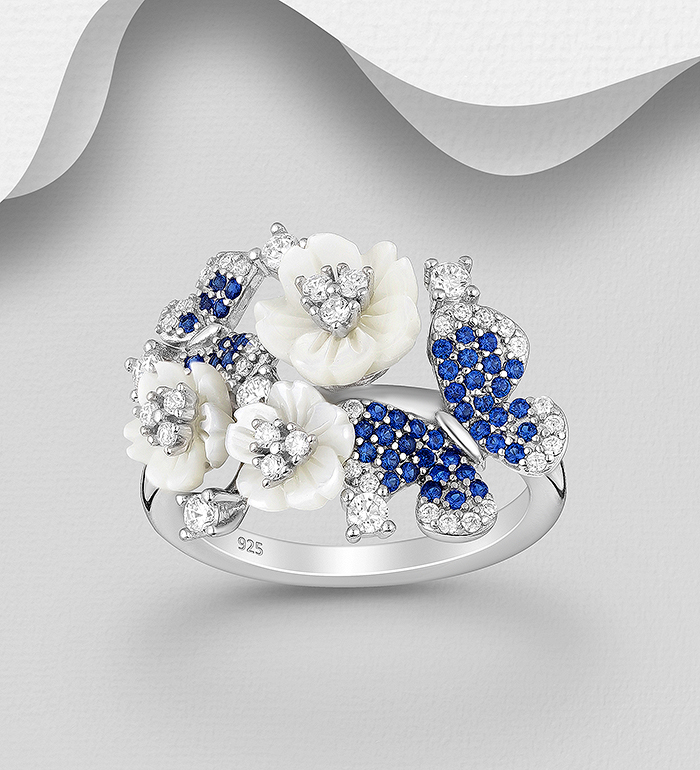 Wholesale 925 Sterling Silver Butterfly and Flower Ring, Decorated with Shell and CZ Simulated Diamonds - SKU #789-4832