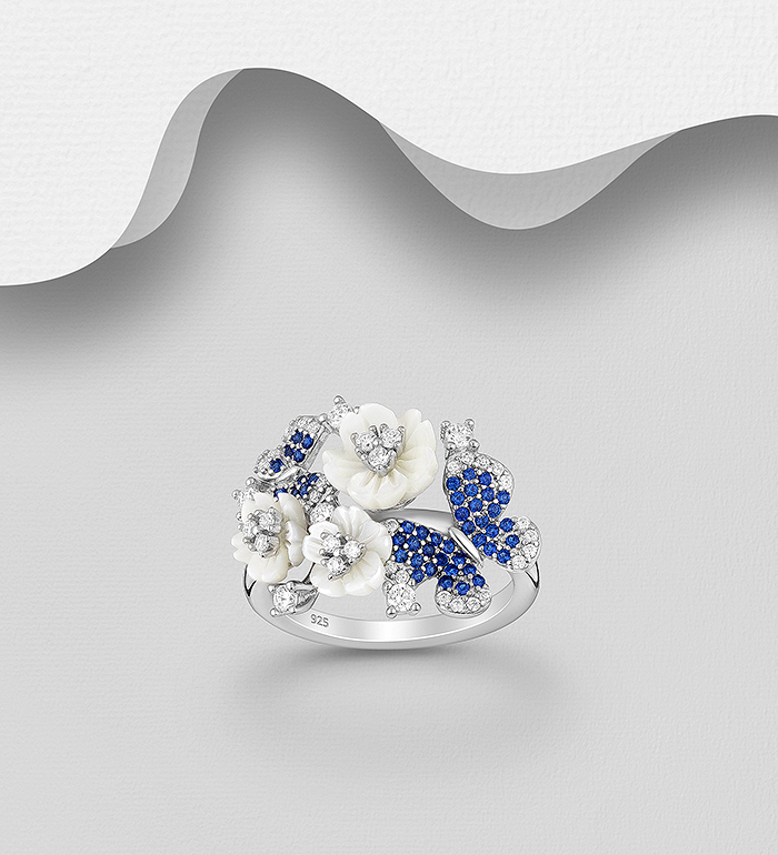 Wholesale 925 Sterling Silver Butterfly and Flower Ring, Decorated with Shell and CZ Simulated Diamonds - SKU #789-4832