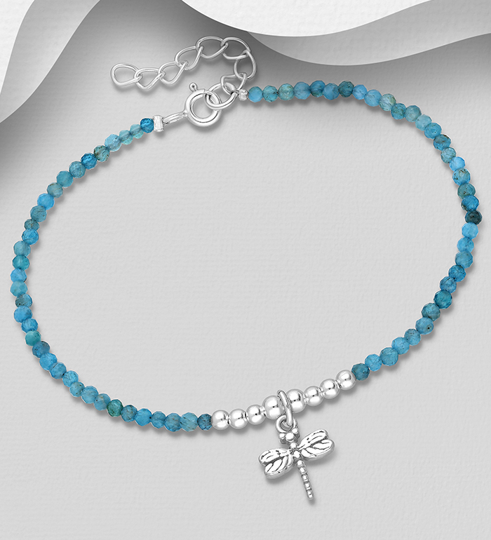 Wholesale 925 Sterling Silver Dragonfly Bracelet, Beaded with Blue Apatite - SKU #883-9884
