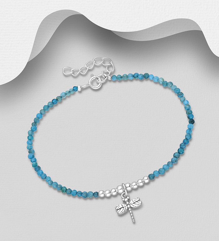 Wholesale 925 Sterling Silver Dragonfly Bracelet, Beaded with Blue Apatite - SKU #883-9884