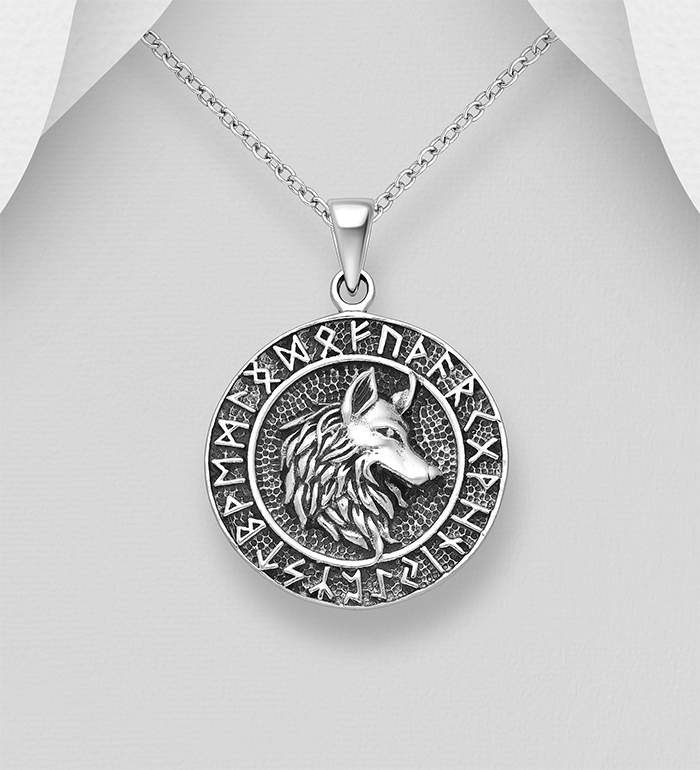 Wholesale 925 Sterling Silver Oxidized Wolf and Viking Rune Pendant - SKU #1563-1653
