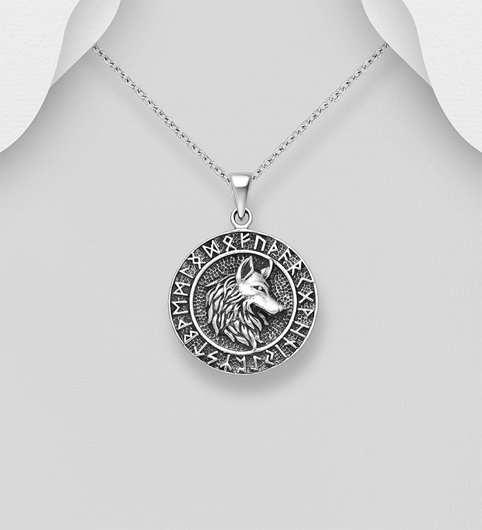 Wholesale 925 Sterling Silver Oxidized Wolf and Viking Rune Pendant - SKU #1563-1653