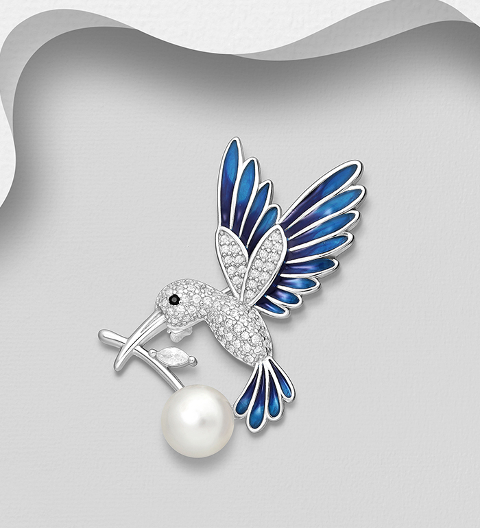 Wholesale 925 Sterling Silver Bird Brooch, Decorated with Freshwater Pearl, CZ Simulated Diamonds and Colored Enamel - SKU #382-6721