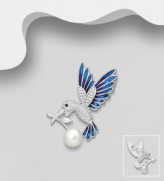 Wholesale 925 Sterling Silver Bird Brooch, Decorated with Freshwater Pearl, CZ Simulated Diamonds and Colored Enamel - SKU #382-6721