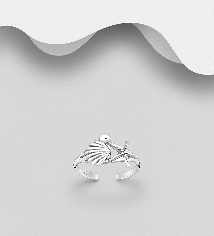 Wholesale 925 Sterling Silver Oxidized Shell and Starfish Toe Ring - SKU #792-1338