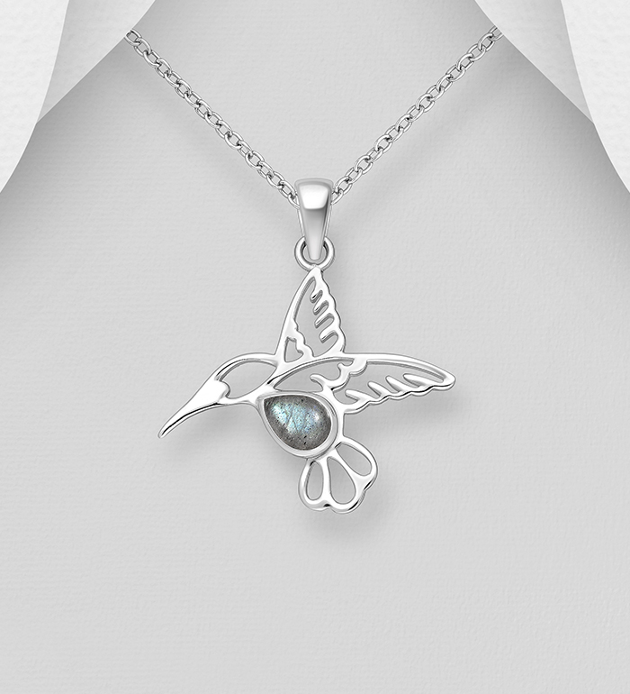 Wholesale 925 Sterling Silver Hummingbird Pendant, Decorated with Various Gemstones - SKU #883-9936