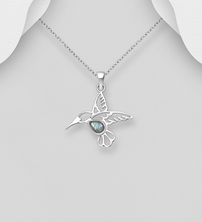 Wholesale 925 Sterling Silver Hummingbird Pendant, Decorated with Various Gemstones - SKU #883-9936