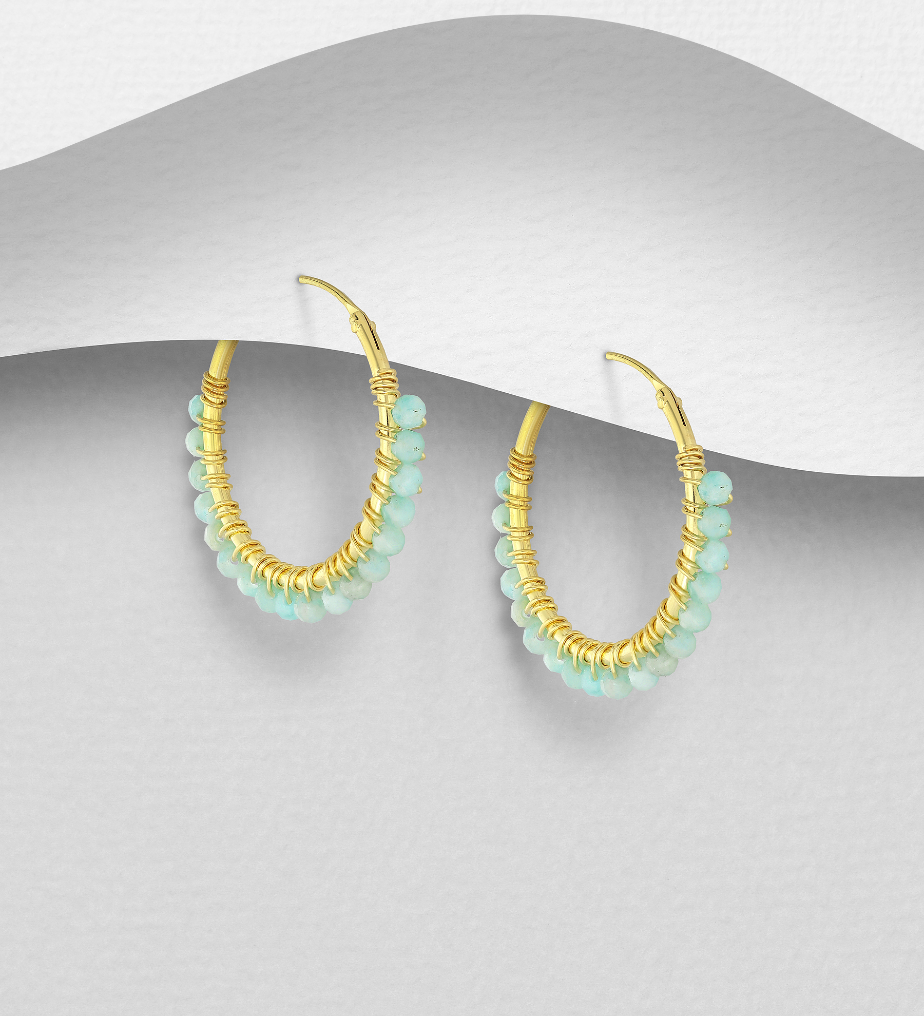 Wholesale 925 Sterling Silver Hoop Earrings, Beaded with Various Gemstone, Plated with 0.3 Micron 18K Yellow Gold - SKU #1535-1595