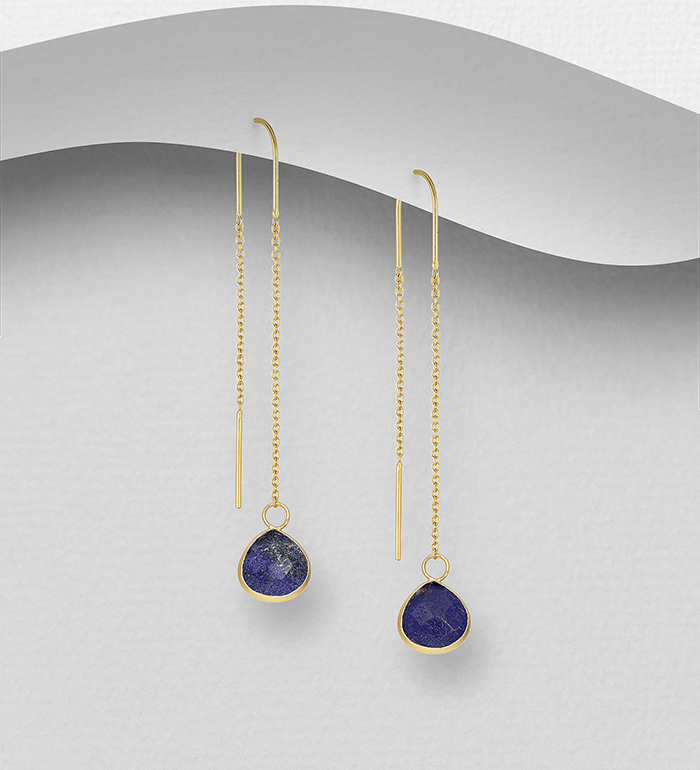 Wholesale 925 Sterling Silver Threader Earrings, Decorated with Various Gemstones and Plated with 0.3 Micron 18K Yellow Gold - SKU #883-9586G