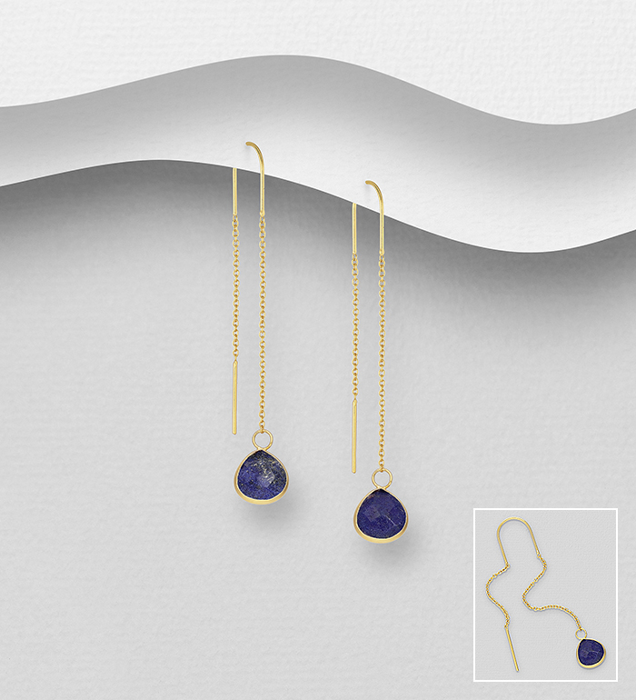 Wholesale 925 Sterling Silver Threader Earrings, Decorated with Various Gemstones and Plated with 0.3 Micron 18K Yellow Gold - SKU #883-9586G