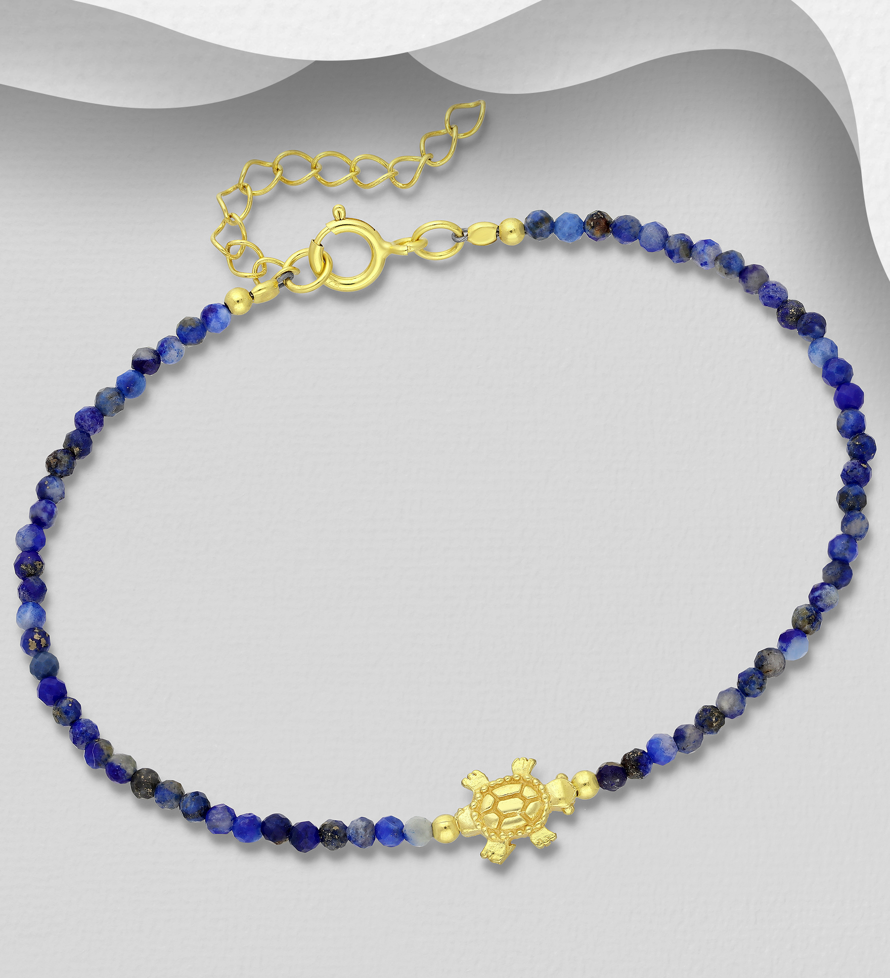 Wholesale 925 Sterling Silver Turtle Bracelet, Beaded with Various Gemstones and Plated with 0.3 Micron 18K Yellow Gold - SKU #1535-1598