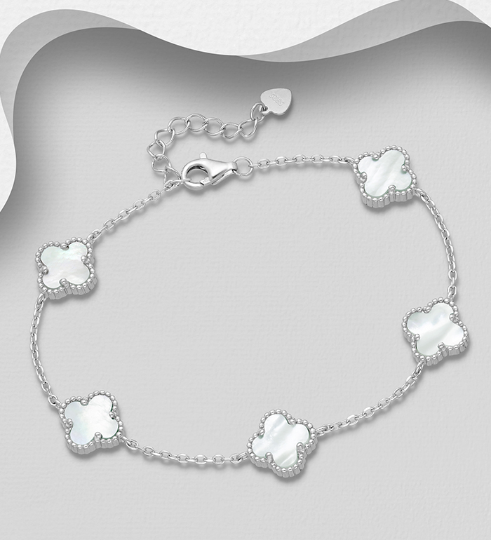 Wholesale 925 Sterling Silver Clover Bracelet, Decorated with Shell - SKU #789-4869