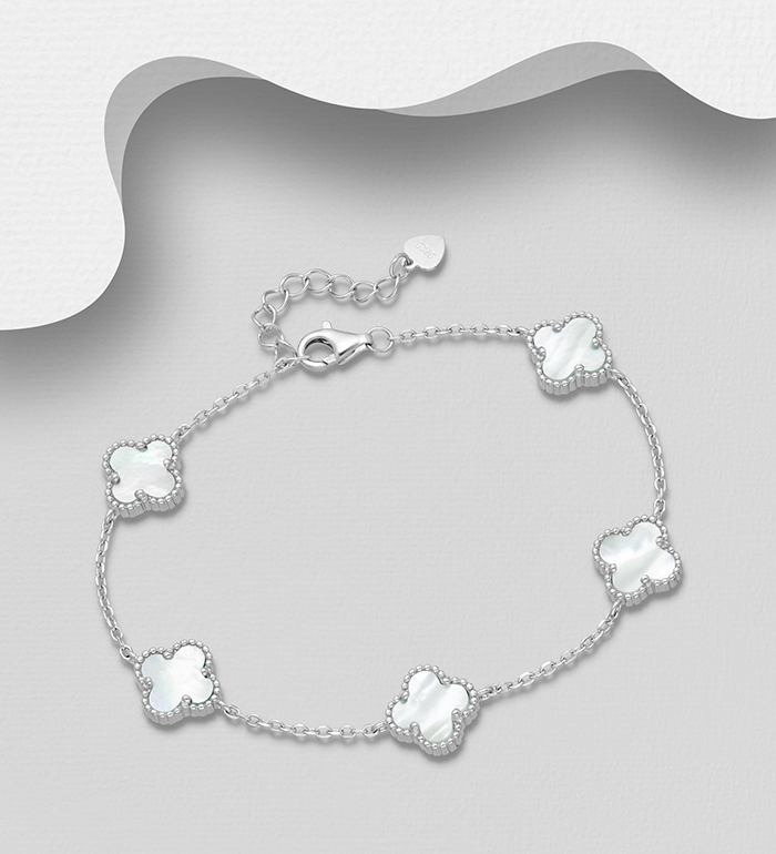 Wholesale 925 Sterling Silver Clover Bracelet, Decorated with Shell - SKU #789-4869