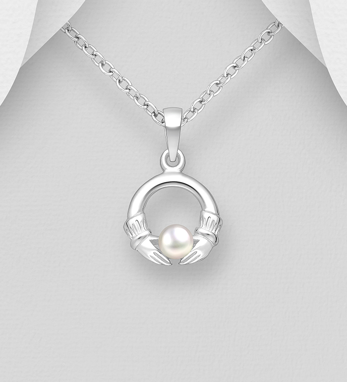 Wholesale 925 Sterling Silver Claddagh Pendant, Decorated with Freshwater Pearl - SKU #382-6729