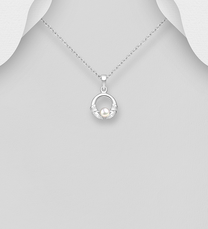 Wholesale 925 Sterling Silver Claddagh Pendant, Decorated with Freshwater Pearl - SKU #382-6729