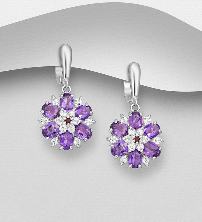 Wholesale 925 Sterling Silver Flower Omega Lock Earrings, Decorated with Amethyst, White Topaz and Garnet - SKU #883-9972