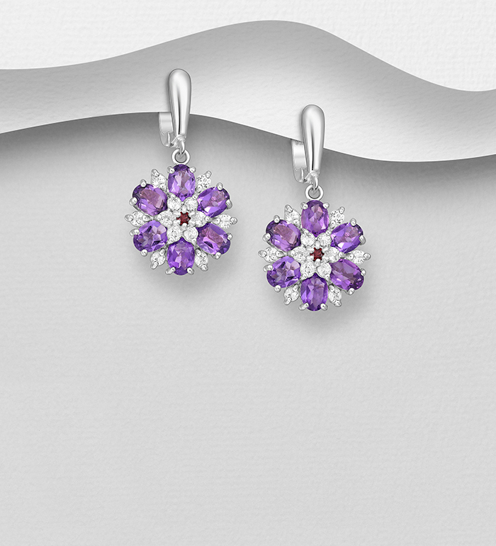 Wholesale 925 Sterling Silver Flower Omega Lock Earrings, Decorated with Amethyst, White Topaz and Garnet - SKU #883-9972