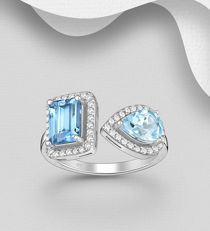 La Preciada - Wholesale 925 Sterling Silver Adjustable Ring, Decorated with Swiss, Sky Blue Topaz and CZ Simulated Diamonds - SKU #1181-5230