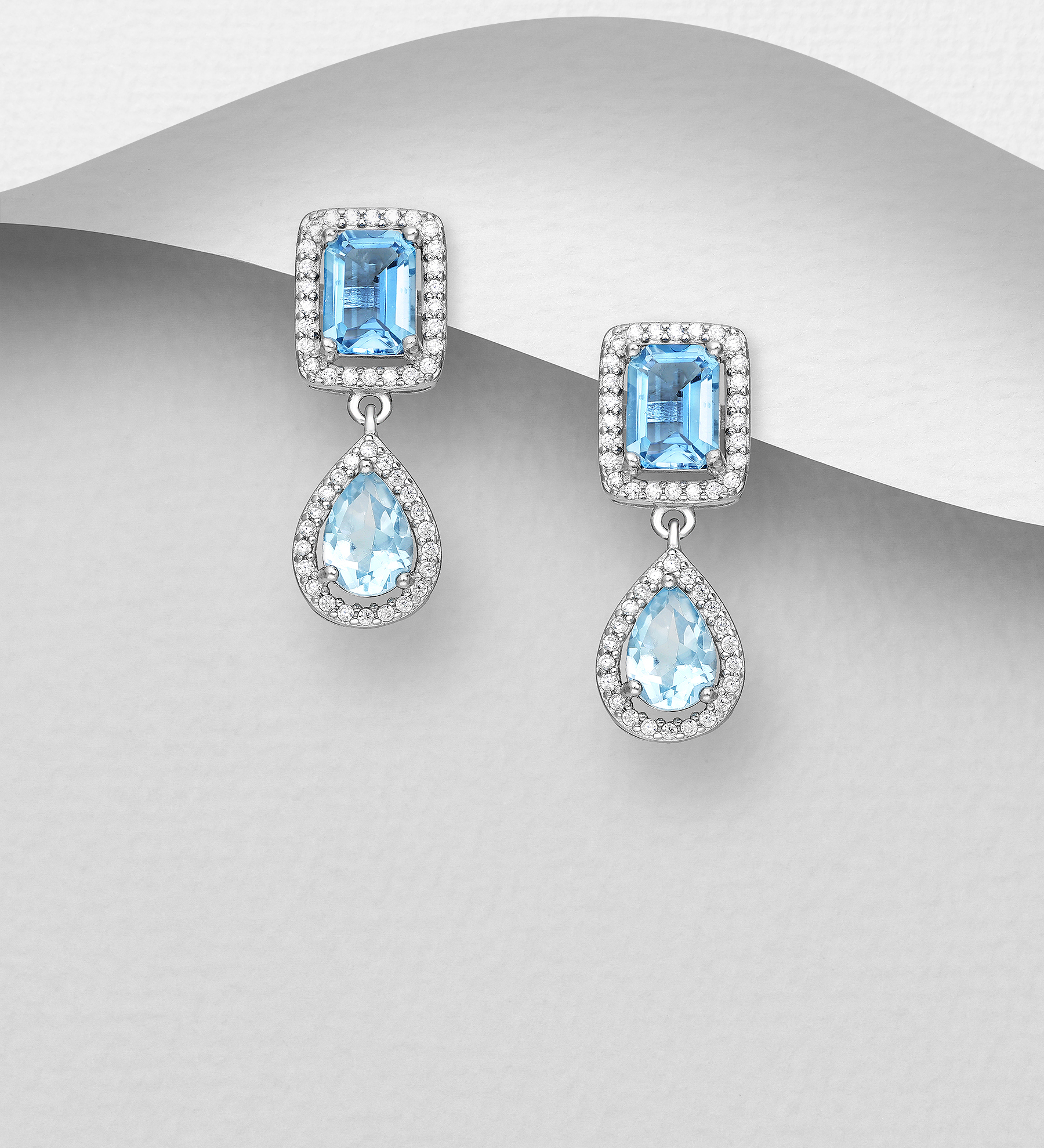 La Preciada - Wholesale 925 Sterling Silver Push-Back Earrings, Decorated with Swiss, Sky Blue Topaz and CZ Simulated Diamonds - SKU #1181-5231