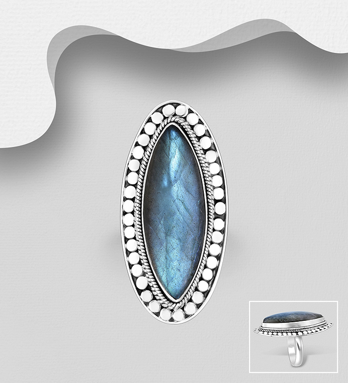 Wholesale 925 Sterling Silver Oxidized Ring, Decorated with Various Gemstones - SKU #883-9959