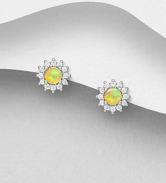 La Preciada - Wholesale 925 Sterling Silver Push-Back Earrings, Decorated with Ethiopian Opal and CZ Simulated Diamonds - SKU #1181-5235