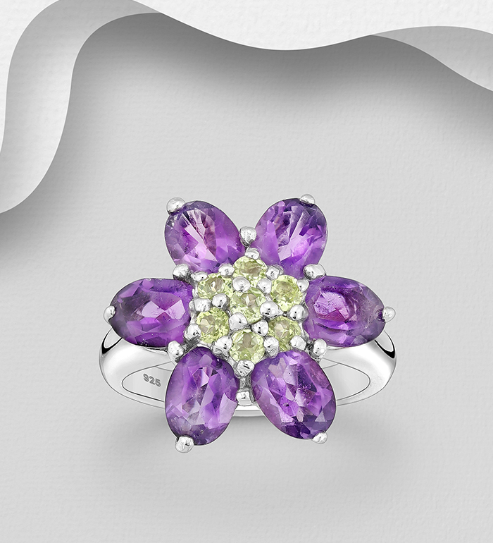 Wholesale 925 Sterling Silver Flower Ring, Decorated with Amethyst and Peridot - SKU #883-9973