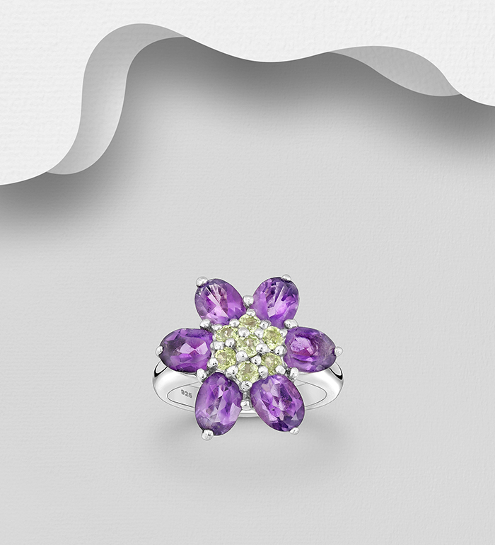 Wholesale 925 Sterling Silver Flower Ring, Decorated with Amethyst and Peridot - SKU #883-9973