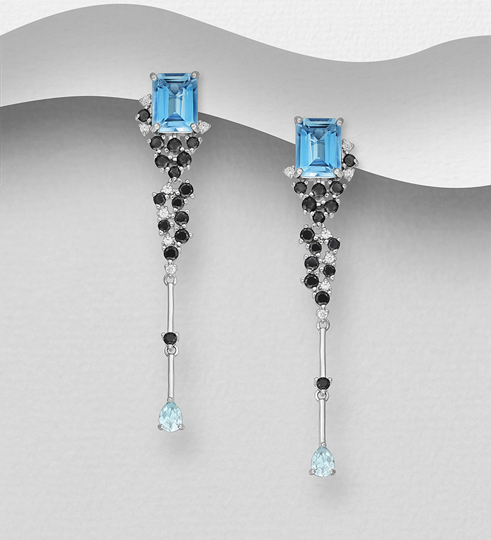La Preciada - Wholesale 925 Sterling Silver Omega Lock Earrings, Decorated with Swiss Blue Topaz, Black Spinel, Sky-Blue Topaz and CZ Simulated Diamonds - SKU #1181-5031A