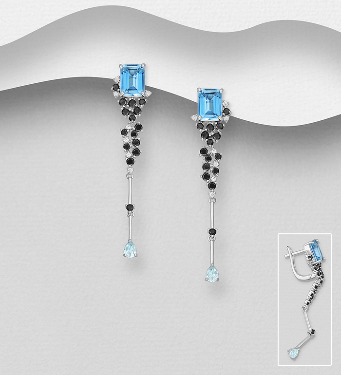 La Preciada - Wholesale 925 Sterling Silver Omega Lock Earrings, Decorated with Swiss Blue Topaz, Black Spinel, Sky-Blue Topaz and CZ Simulated Diamonds - SKU #1181-5031A