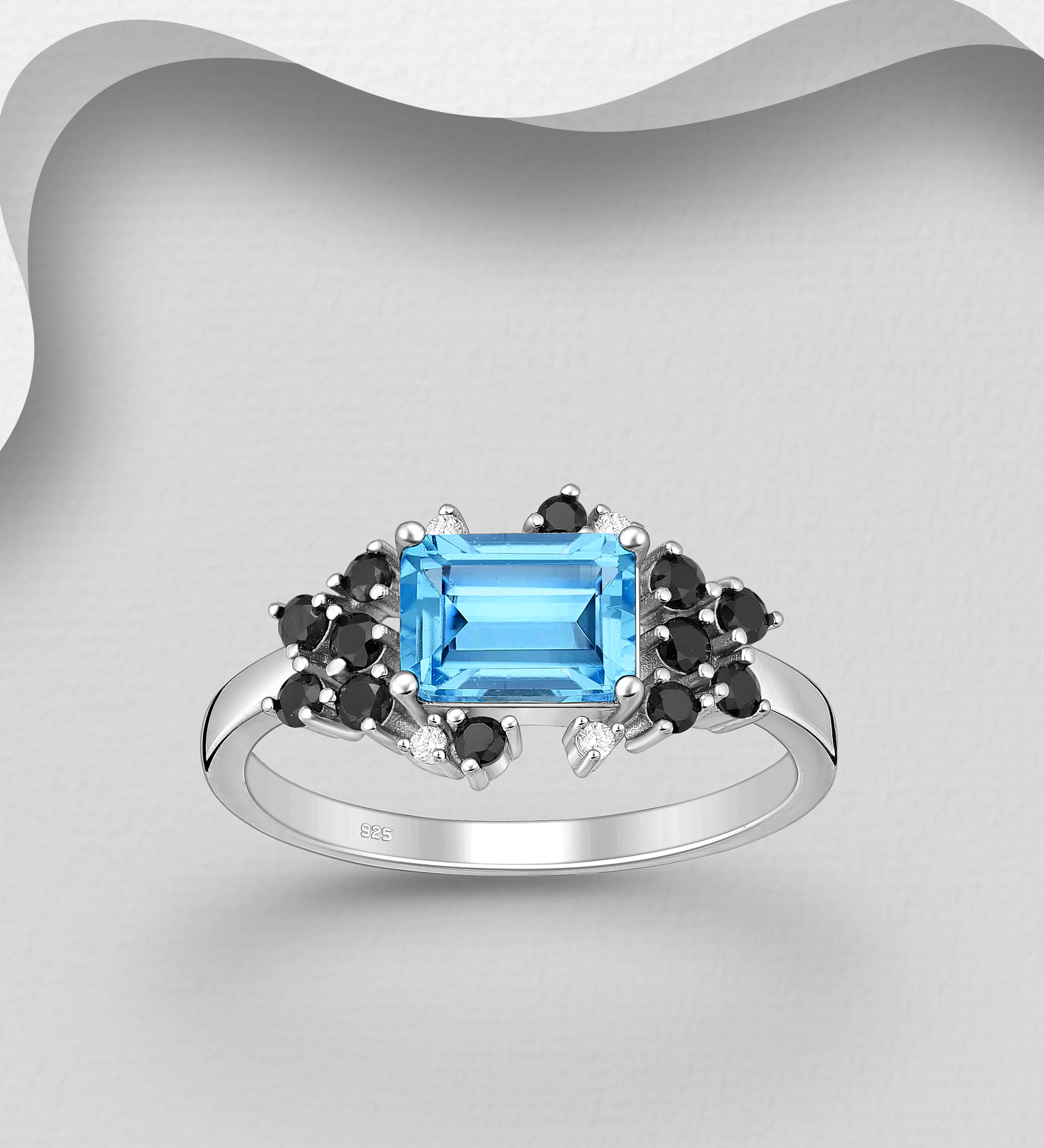 La Preciada - Wholesale 925 Sterling Silver Ring, Decorated with Swiss Blue Topaz, Black Spinel and CZ Simulated Diamonds - SKU #1181-5030A