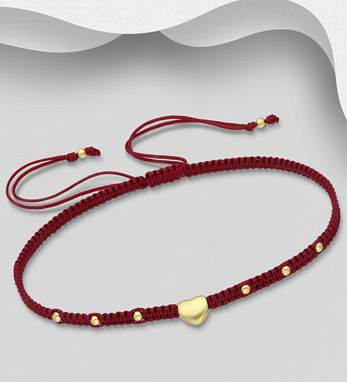 Wholesale 925 Sterling Silver Heart Adjustable Thread Bracelet and Plating with 0.3 Micron 18K Yellow Gold
 - SKU #706-38771G