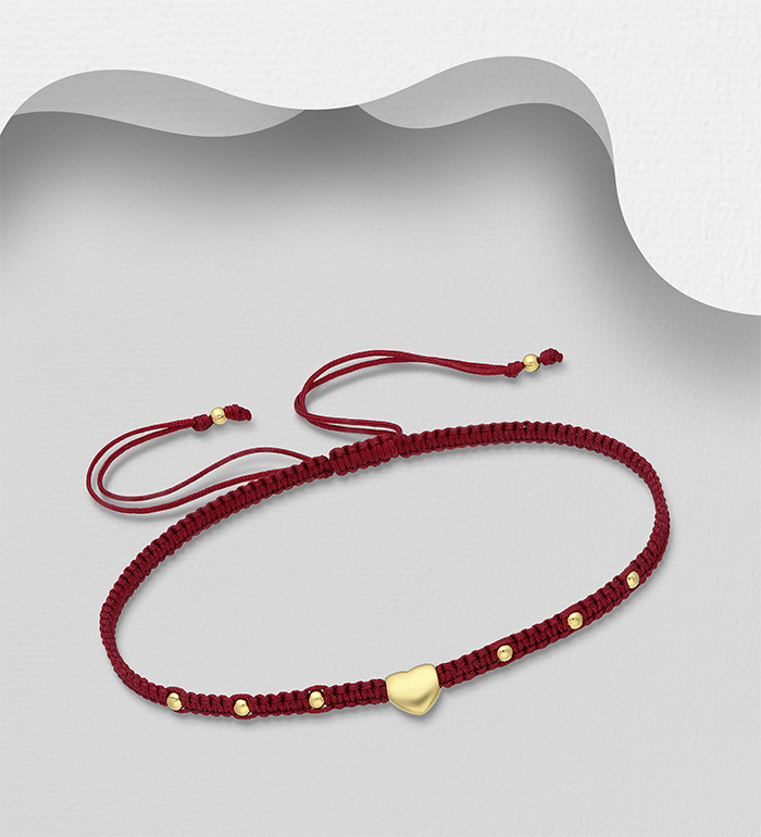 Wholesale 925 Sterling Silver Heart Adjustable Thread Bracelet and Plating with 0.3 Micron 18K Yellow Gold
 - SKU #706-38771G