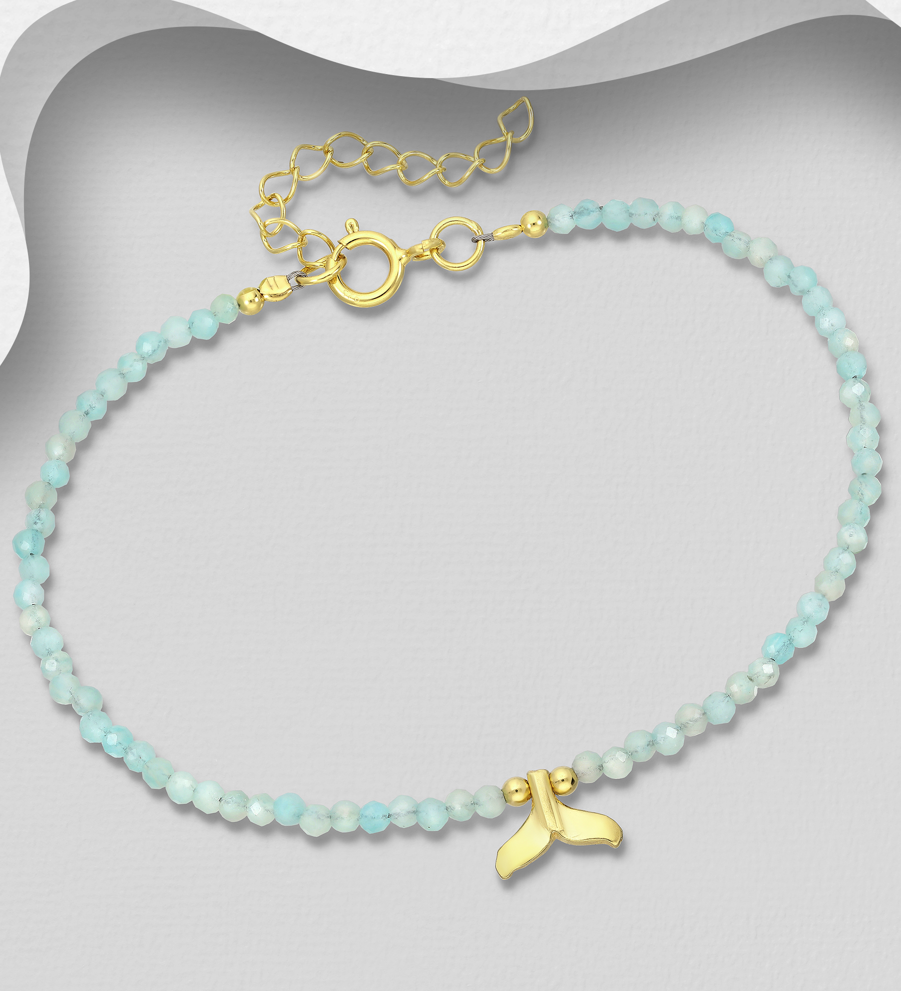 Wholesale 925 Sterling Silver Whale Tail Bracelet, Beaded with Gemstone Beaded, Plated with 0.3 Micron 18K Yellow Gold - SKU #1535-1603