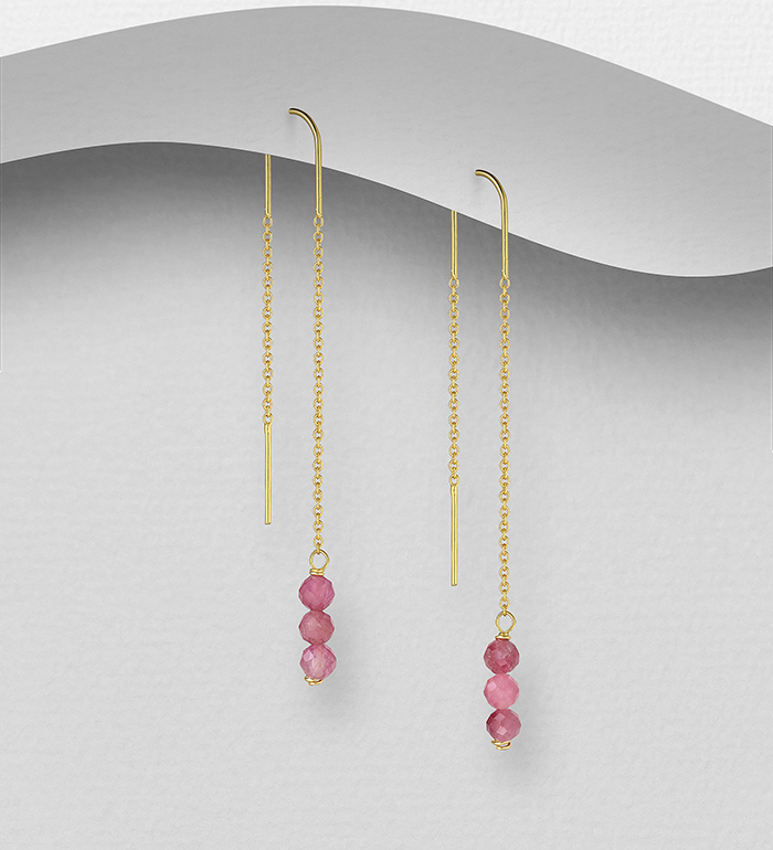 Wholesale 925 Sterling Silver Threader Earrings, Beaded with Various Gemstone Beads and Plated with 0.3 Micron 18K Yellow Gold - SKU #883-9531G