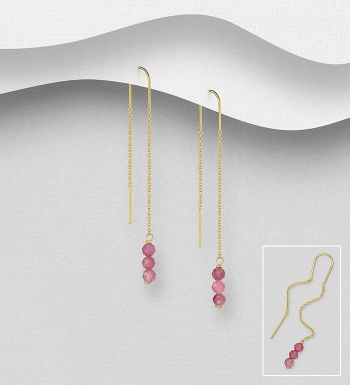 Wholesale 925 Sterling Silver Threader Earrings, Beaded with Various Gemstone Beads and Plated with 0.3 Micron 18K Yellow Gold - SKU #883-9531G