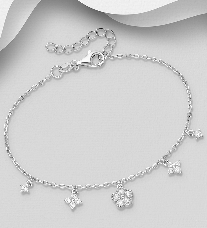Wholesale 925 Sterling Silver Flower Bracelet, Decorated with CZ Simulated Diamonds - SKU #701-33405