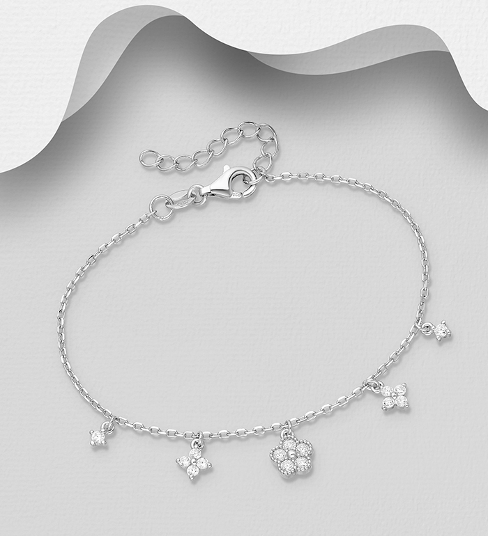 Wholesale 925 Sterling Silver Flower Bracelet, Decorated with CZ Simulated Diamonds - SKU #701-33405