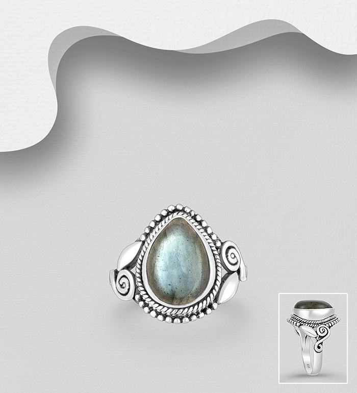 Wholesale 925 Sterling Silver Oxidized Coil Ring, Decorated with Various Gemstones - SKU #883-9991