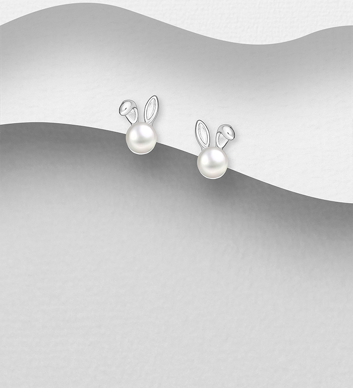 Wholesale 925 Sterling Silver Rabbit Push-Back Earrings, Decorated with Simulated Pearls - SKU #578-2917