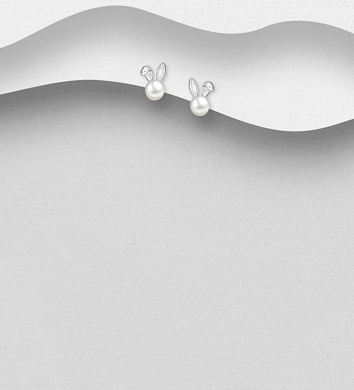 Wholesale 925 Sterling Silver Rabbit Push-Back Earrings, Decorated with Simulated Pearls - SKU #578-2917