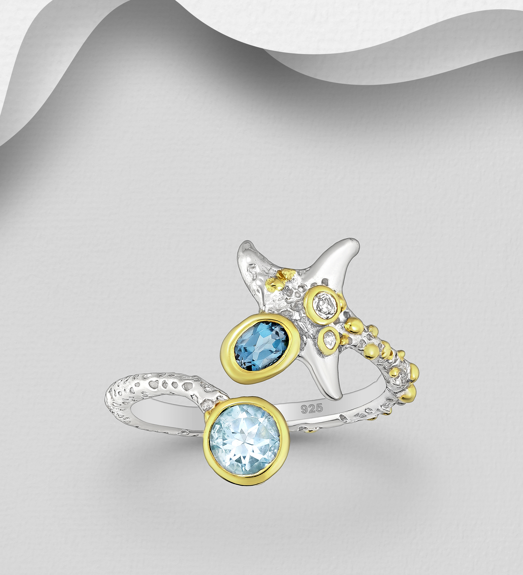 ADIORE JEWELS - Wholesale 925 Sterling Silver Starfish Adjustable Ring, Decorated with London and Sky Blue Topaz, Plated with 3 Micron 22K Yellow Gold - SKU #1916-617