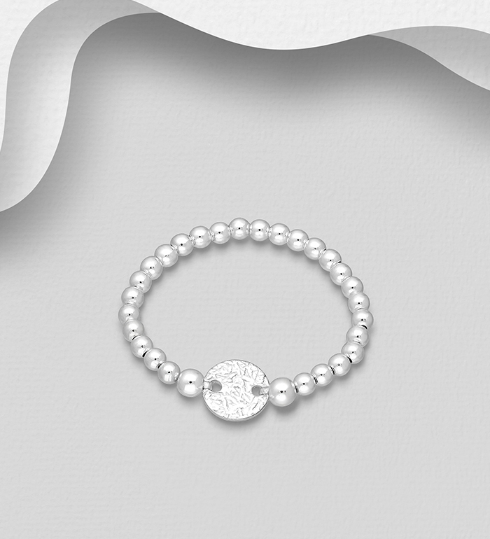 Wholesale 925 Sterling Silver Textured Circle and Elastic Ball Bead Ring - SKU #706-39691