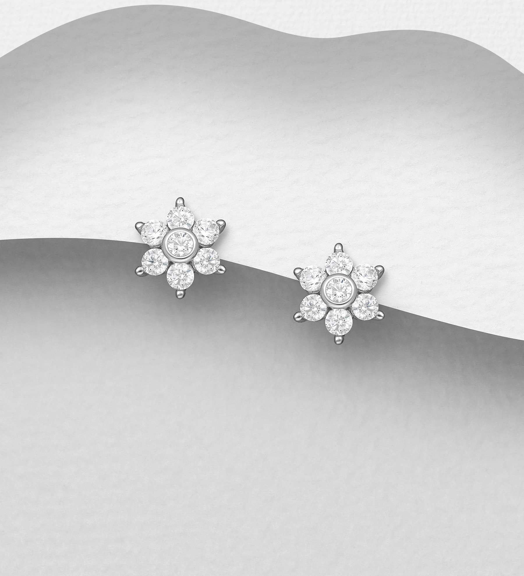 Wholesale 925 Sterling Silver Flower Push-Back Earrings, Decorated with CZ Simulated Diamonds - SKU #701-33452