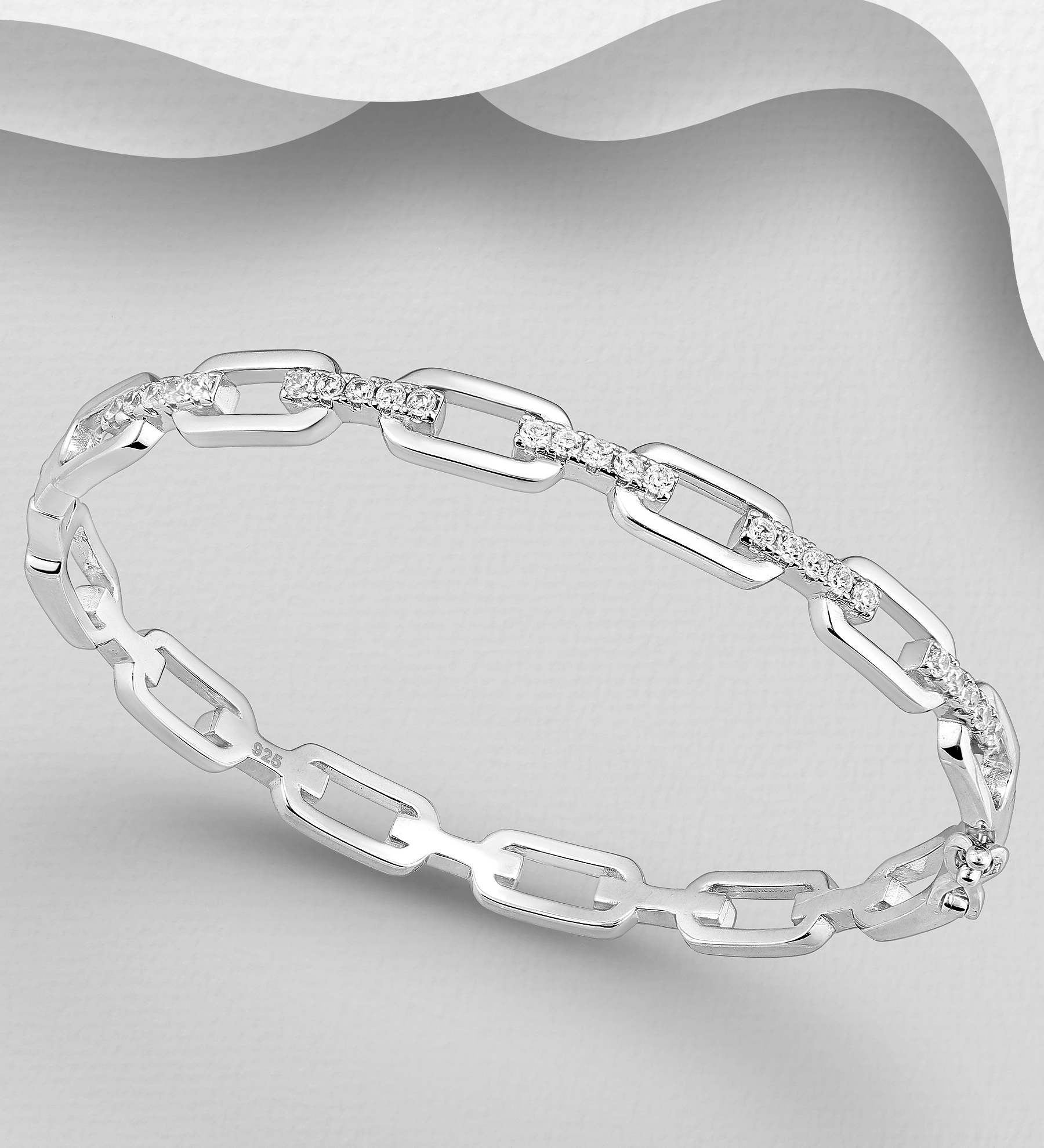 Wholesale 925 Sterling Silver Chain Link Bangle, Decorated with CZ Simulated Diamonds - SKU #701-33459