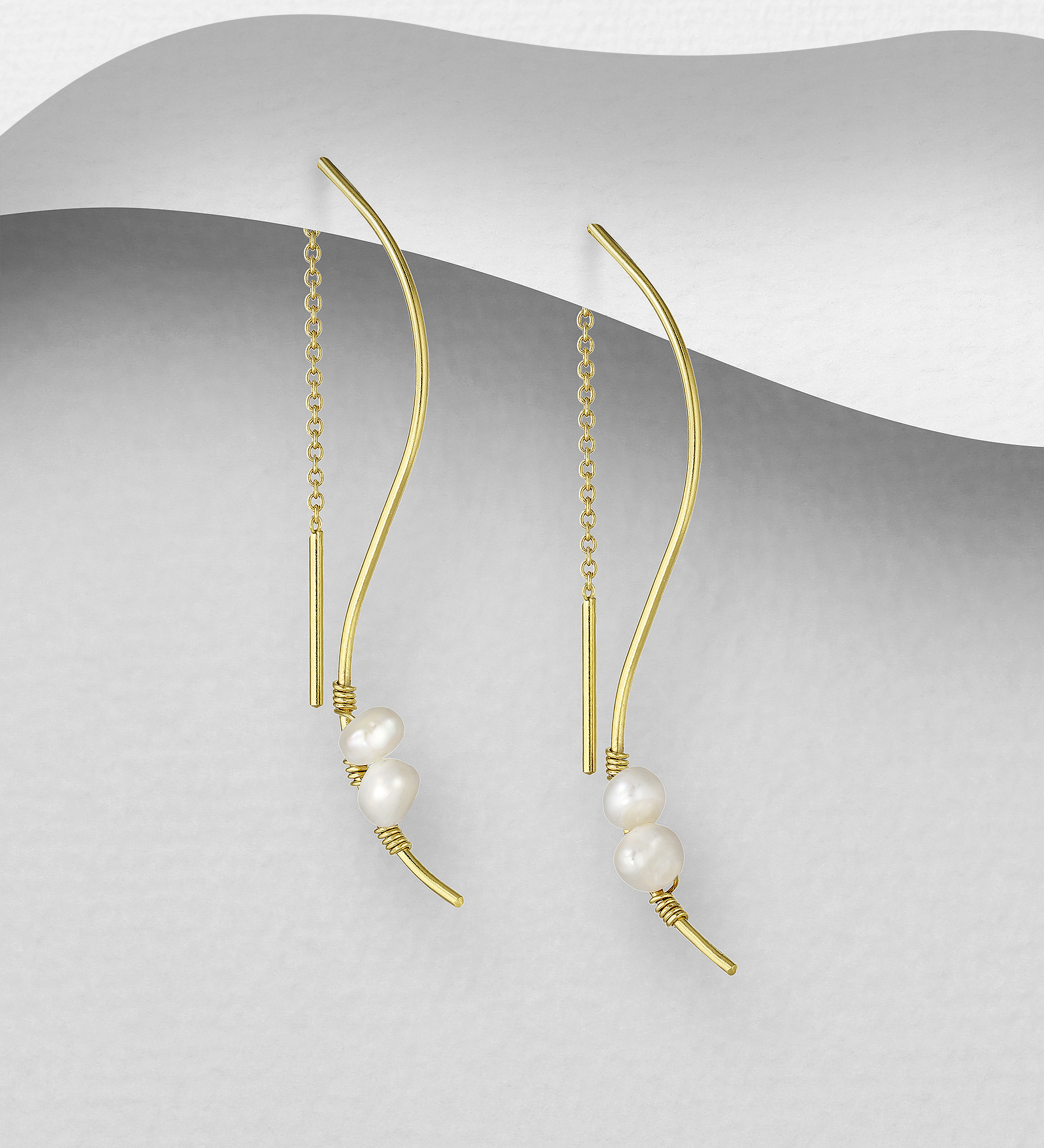 Wholesale 925 Sterling Silver Threader Earrings, Beaded with Freshwater Pearls, and plated with 0.3 Micron 18K Yellow Gold - SKU #382-6739G