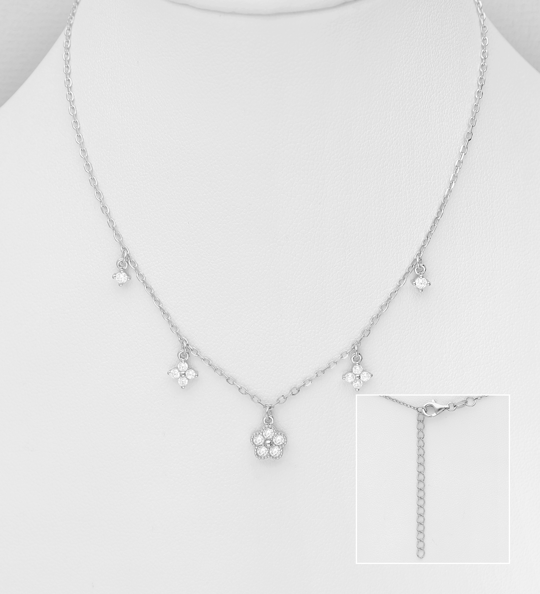 Wholesale 925 Sterling Silver Flower Necklace, Decorated with CZ Simulated Diamonds - SKU #701-33499