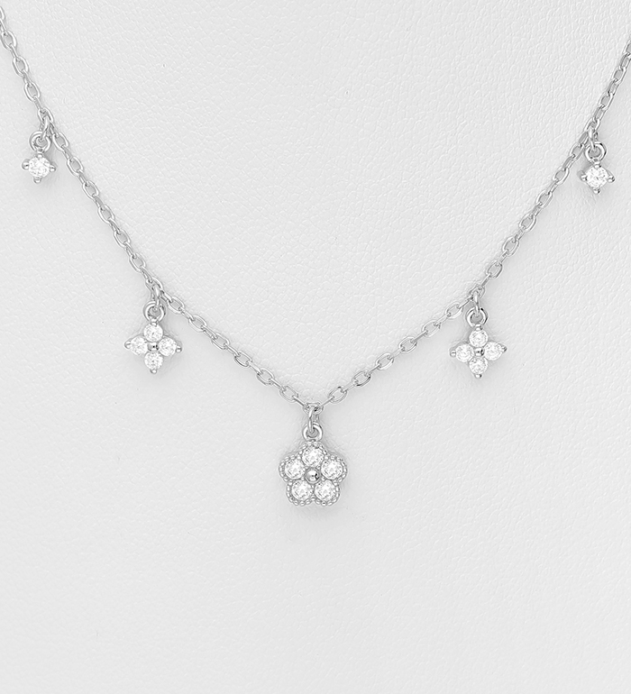 Wholesale 925 Sterling Silver Flower Necklace, Decorated with CZ Simulated Diamonds - SKU #701-33499
